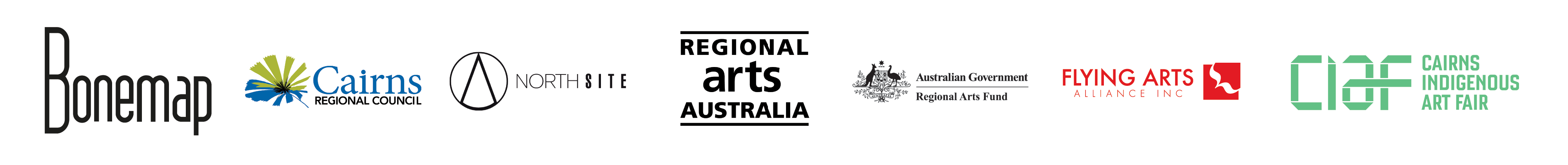 A horizontal arrangement of logos from left to right: Bonemap, Cairns Regional Council, NorthSite, Regional Arts Australia, Australian Government, Regional Arts Fund, Flying Arts Alliance Inc, and Cairns Indigenous Art Fair. The logos represent the supporters and collaborators of the All Come Under exhibition at the Court House Gallery.