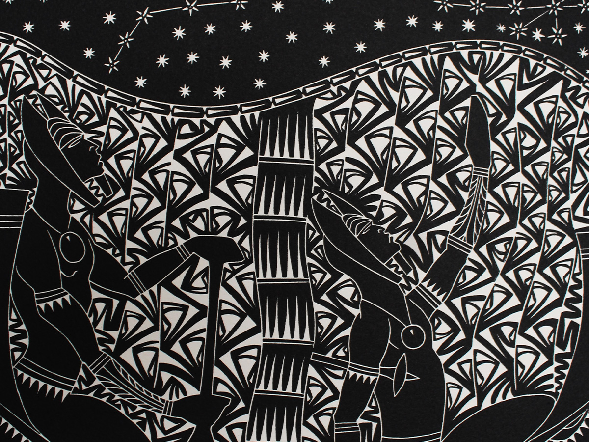 Portion of Tagai, vinylcut relief print, Glen Mackie