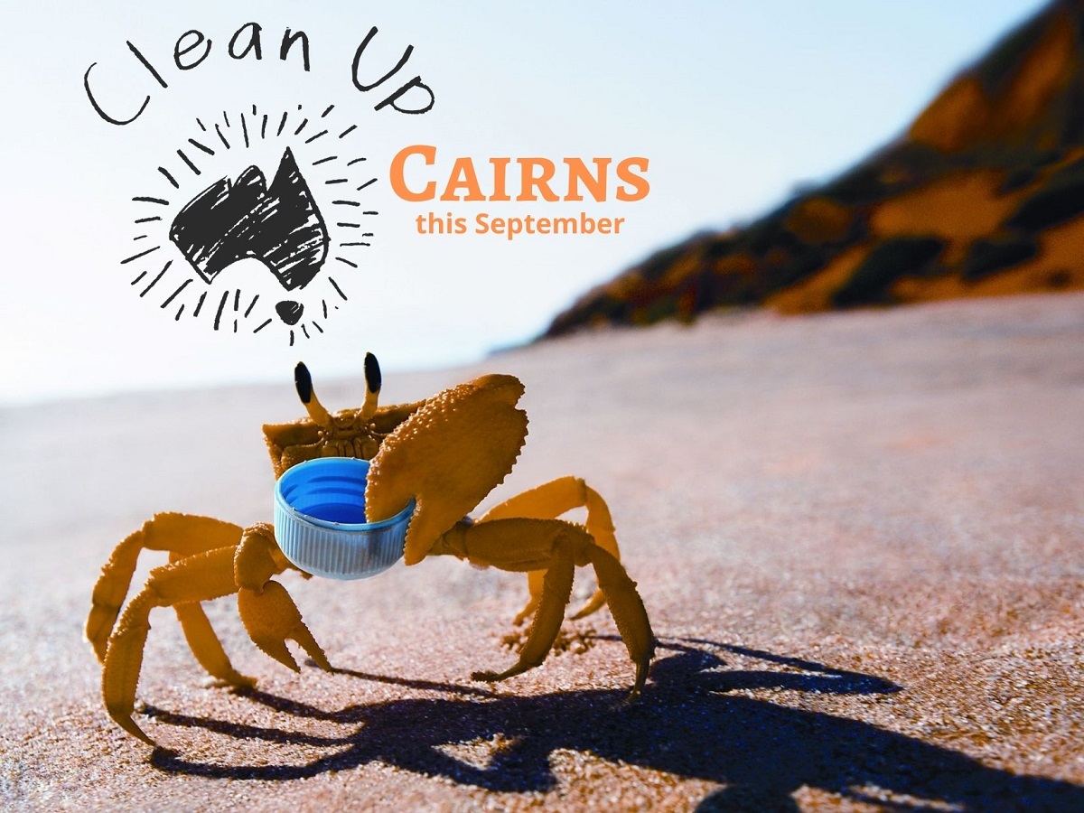 Clean Up Cairns logo over a photo of a crab holding a plastic bottle lid.