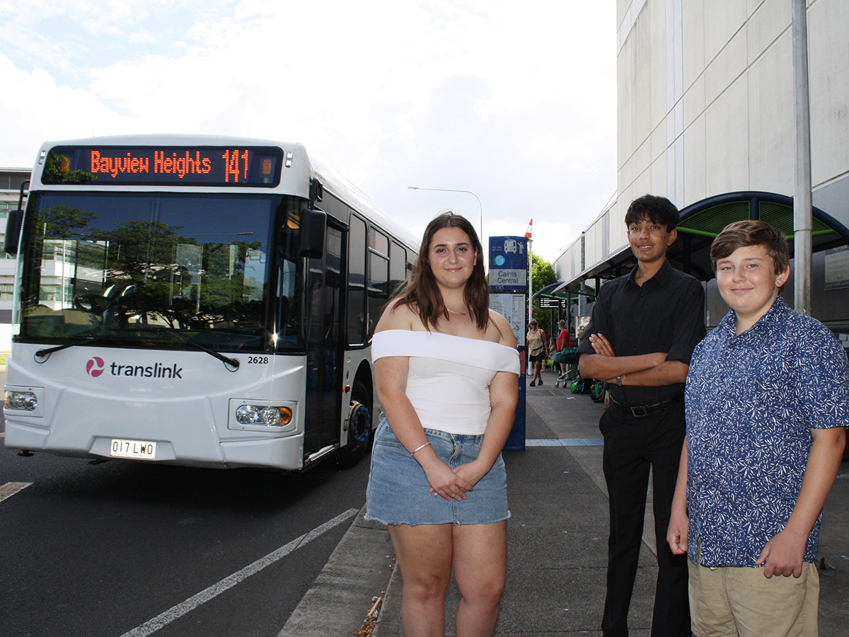 Cairns Youth Councillors (from left) Molly Ben Ezra, Aiden Senaratne and Aiden Senaratne would like to see the introduction of free public transport for students. 