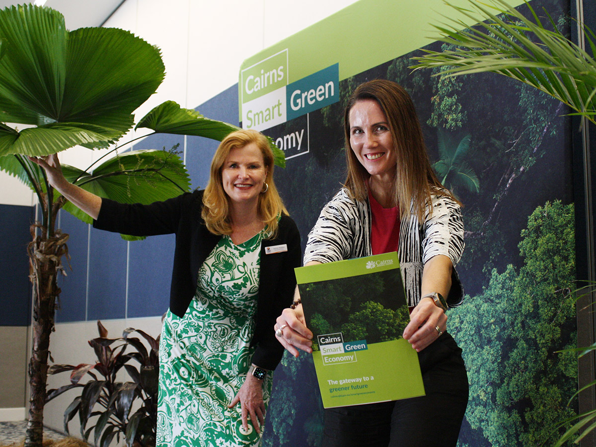 Cairns Mayor Amy Eden (left) with Advance Cairns CEO Jacinta Reddan at the launch of new Smart Green Economy website and promotional materials. 